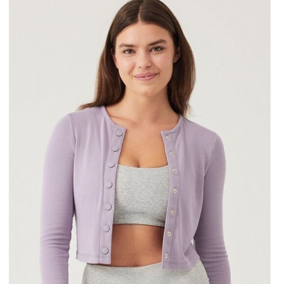 Outdoor Voices Cozy Rib Cropped Cardigan Earl Grey Lavender New XS - Picture 6 of 6
